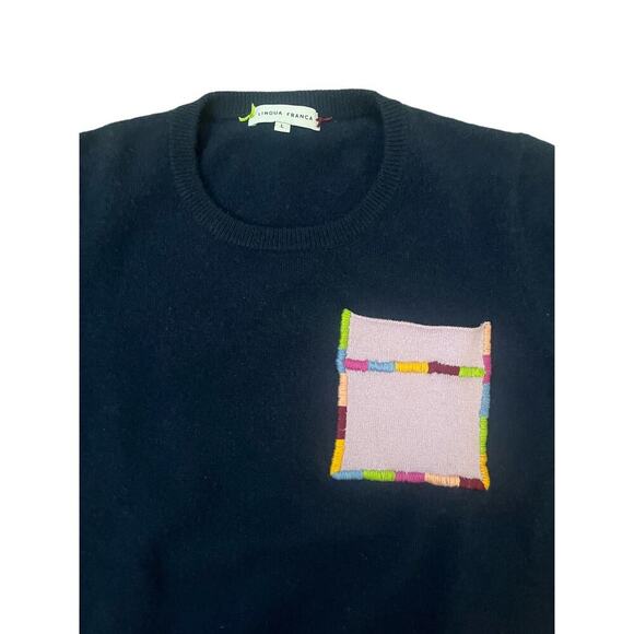 Lingua Franca Cashmere Navy Top with Multicolored Pocket - Large - Picture 3 of 4